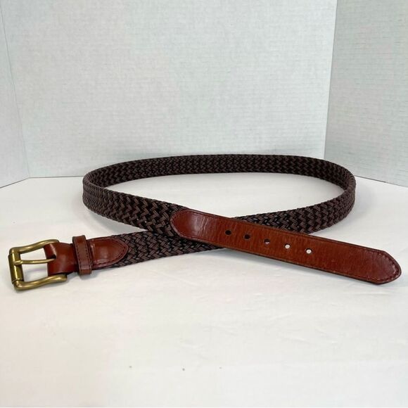 Savane Leather Woven Basketweave Two Tone Brown Belt Solid Brass Buckle Size 44 - Picture 4 of 13